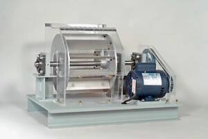 Industrial rotary drum equipment with a blue electric motor mounted on a gray base.