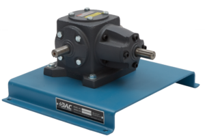 Industrial gear reducer mounted on a blue base with two output shafts extending horizontally on each side, bolted to the frame.