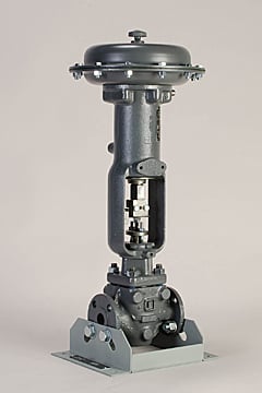 Vertical industrial valve actuator mounted on a flanged valve body for flow control in pipelines at a neutral studio background.