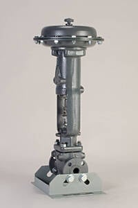 Vertical industrial control valve with a round actuator on top, mounted on a square base.