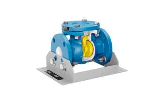Blue industrial valve actuator with flanged ends, bolts, and a yellow internal component mounted on a gray base (industrial machinery).
