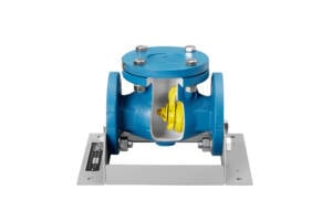 Blue round valve actuator with a yellow gears mechanism, bolted to a gray mounting frame.