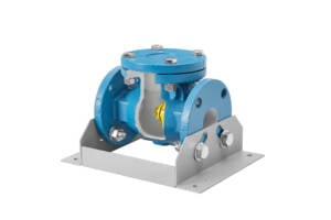 Blue industrial valve assembly mounted on a gray base with bolted flanges and a yellow internal component visible through the opening? (informative)
