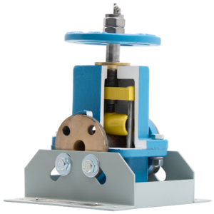 Blue industrial valve actuator with a handwheel, exposed gears, and mounting base on a metal bracket.