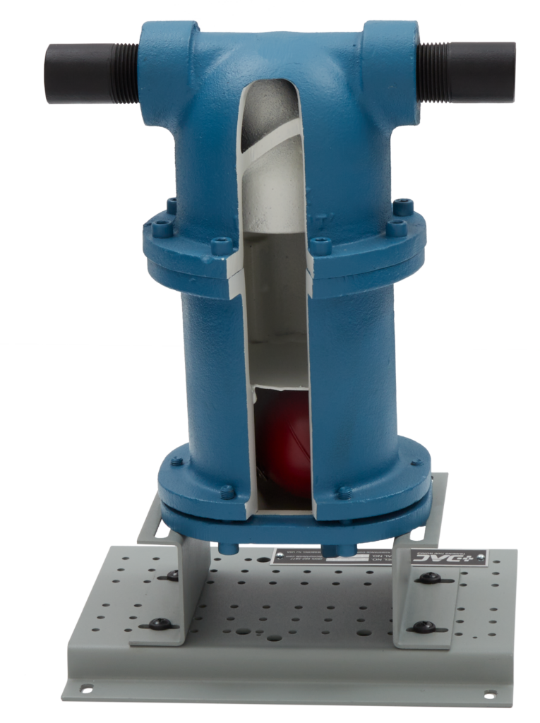 Blue pneumatic or hydraulic actuator mounted on a gray perforated base plate; side ports and bolts visible, displayed in a vertical orientation.