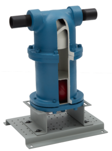 Blue industrial valve actuator mounted on a perforated metal base, with black inlet/outlet ports on both sides and visible inner chamber through a cutaway section.
