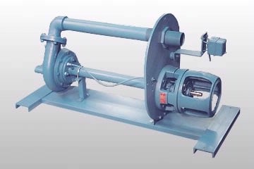 Blue industrial winch with horizontal drum and electric motor mounted on a base, used to wind and lift cables.
