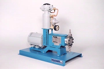 Blue base-mounted diaphragm pump with a white vertical air filter, pressure gauge, and discharge flange on the right.
