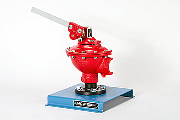Red industrial hydrant valve mounted on a blue testing stand with a long metal lever.