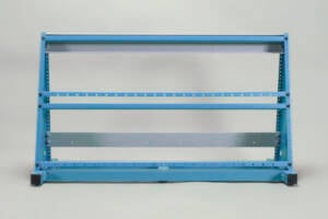 Blue powder-coated metal shelving frame with three crossbars on a light background