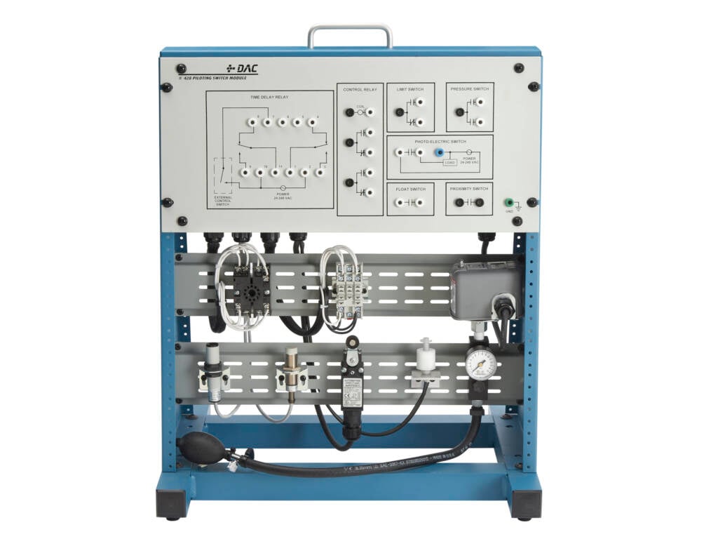 Blue metal-frame electrical control panel with wiring, terminal blocks, and schematic diagram on the front panel used for process control/automation in an industrial setting.