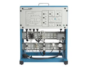 Blue metal-frame electrical control panel with wiring, terminal blocks, and schematic diagram on the front panel used for process control/automation in an industrial setting.
