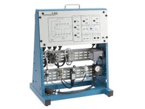 Front view of a blue metal frame with an electrical control panel, wiring, and gauges for a training/test rig.