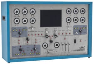 Industrial control panel with many gauges, switches and a central display mounted in a blue enclosure (training panel)