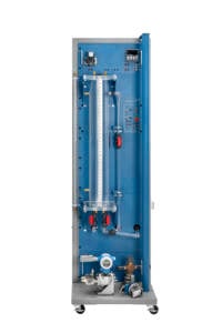 Tall blue industrial control cabinet on a wheeled base with gauges, tubing and a digital panel at the top.