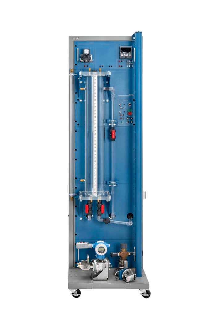 Tall blue industrial control cabinet on a wheeled base with gauges, tubing and a digital panel at the top.