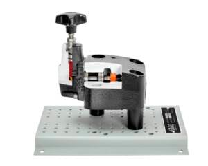 Precision micrometer stage on a perforated lab base with a knurled adjustment knob on top.