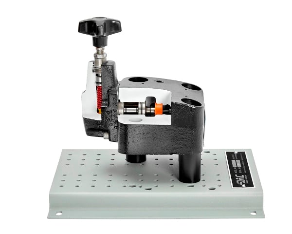 Precision micrometer stage on a perforated lab base with a knurled adjustment knob on top.