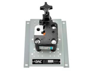 Industrial joystick actuator mounted on a perforated metal mounting plate with a black control housing and top knob.