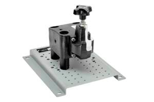 Black metal vise with a knob handle mounted on a perforated metal base plate for securing workpieces.