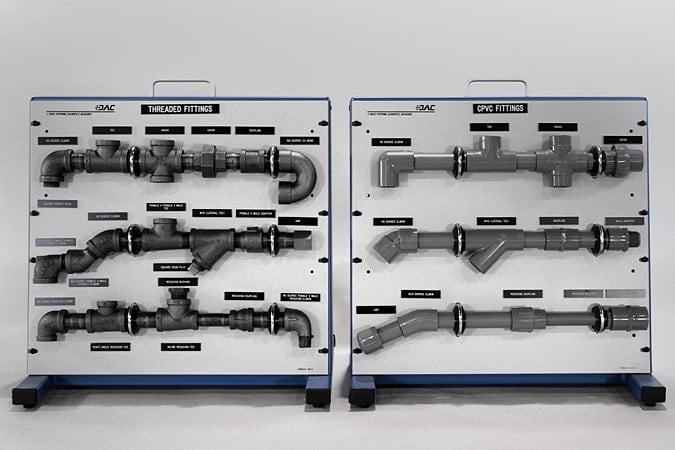 Two display boards show labeled plumbing fittings: left board 'Threaded Fittings' with metal pipes; right board 'PVC Fittings' with gray plastic pipes, on blue bases.