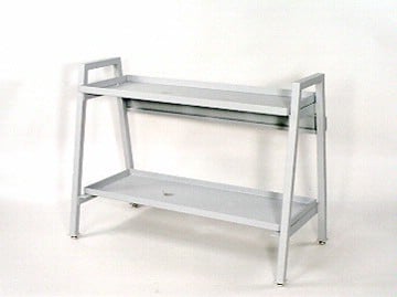 Gray metal two-tier utility workbench with a lower shelf, set on a white background.