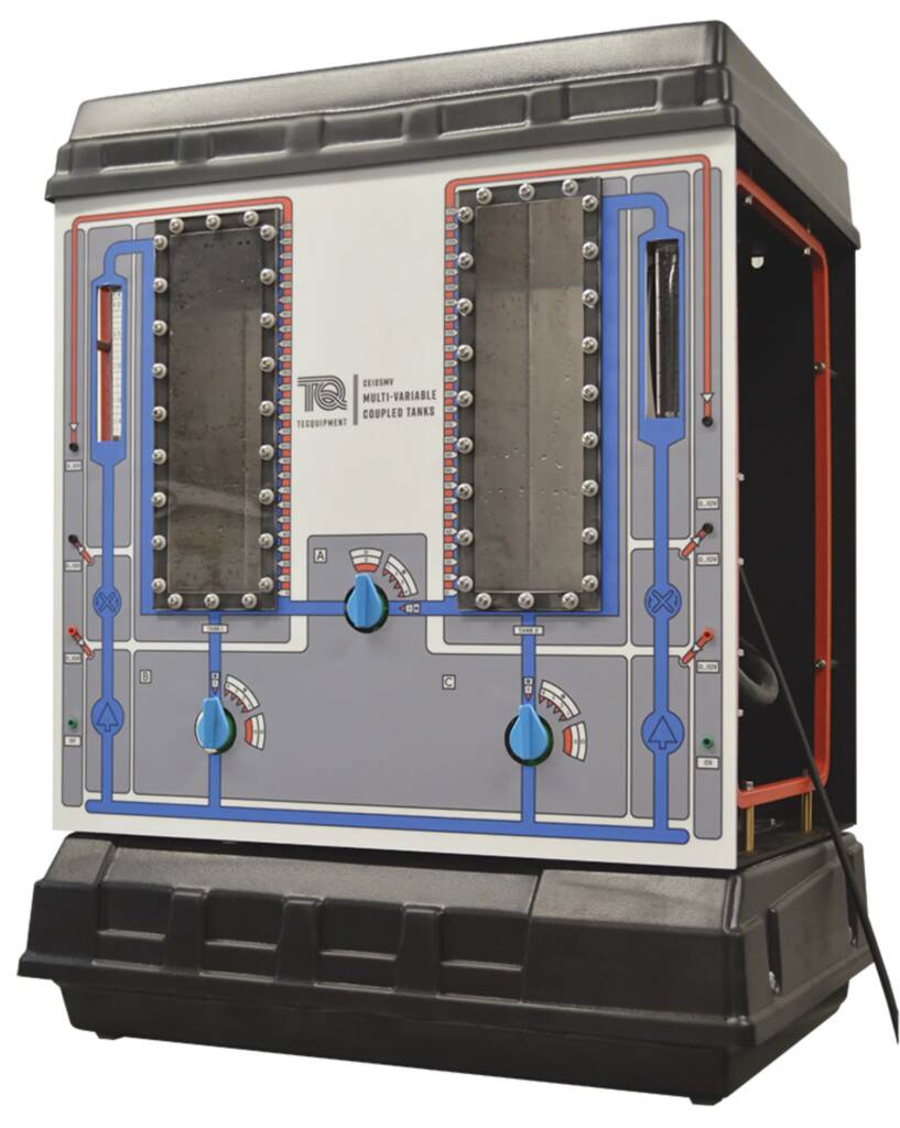 Multi-variable coupled-tank training rig with blue piping, gauges, and control levers on a gray panel.