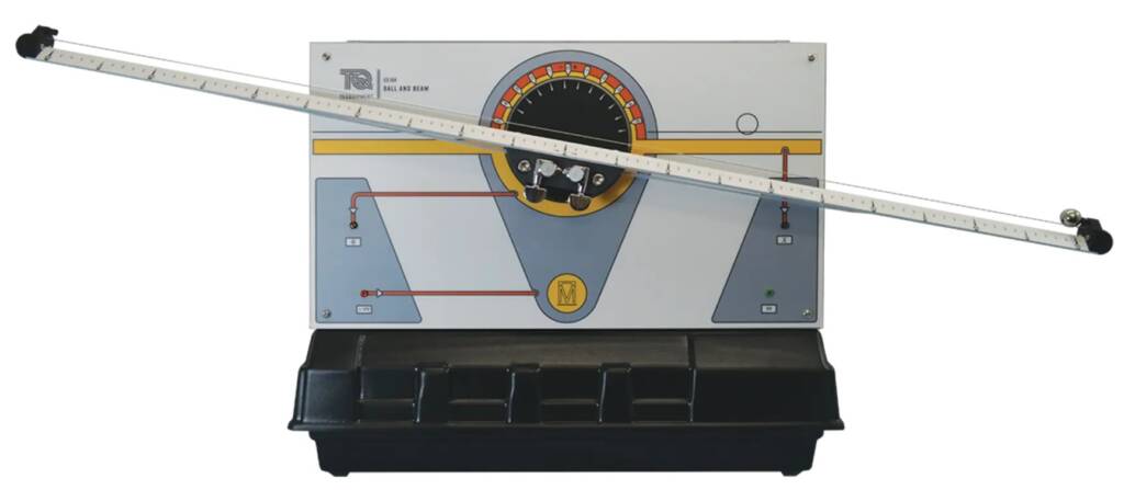 Ball‑and‑beam control demonstration device: a long beam mounted on a panel with a circular dial, used to study feedback control systems.