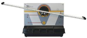 Ball‑and‑beam control demonstration device: a long beam mounted on a panel with a circular dial, used to study feedback control systems.