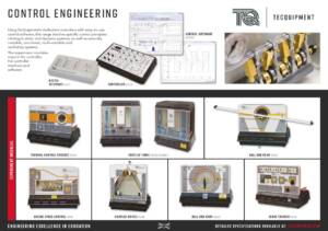 Promotional banner for TecQuipment Control Engineering featuring hardware modules, control software screenshots, and experimental modules like thermal control and ball-and-beam.