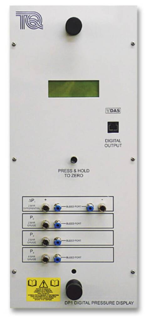 Front panel of a DAS DP1 digital pressure display with a green LCD window, a large black knob, and labeled bleed ports.