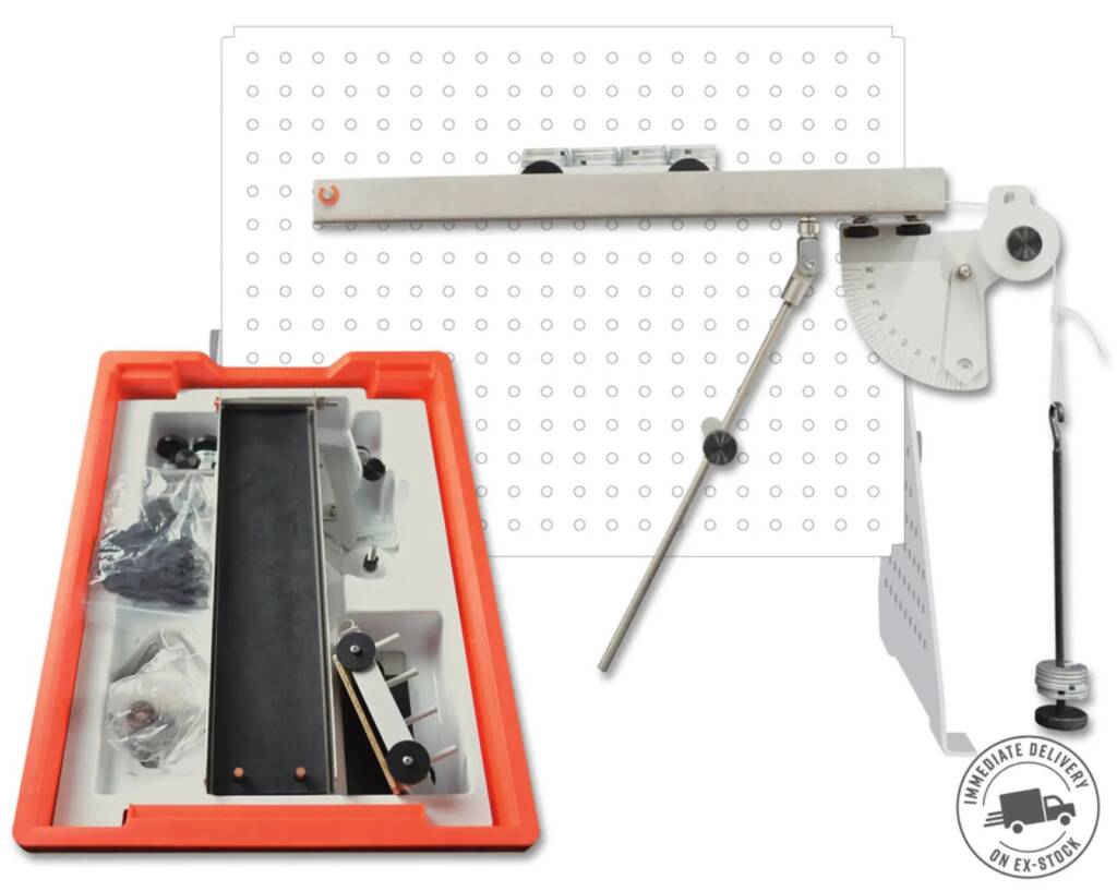 Industrial bench-top measuring/assembly tool on a perforated pegboard, with a long metal bar and a protractor-style gauge on the right, and an orange storage case on the left.