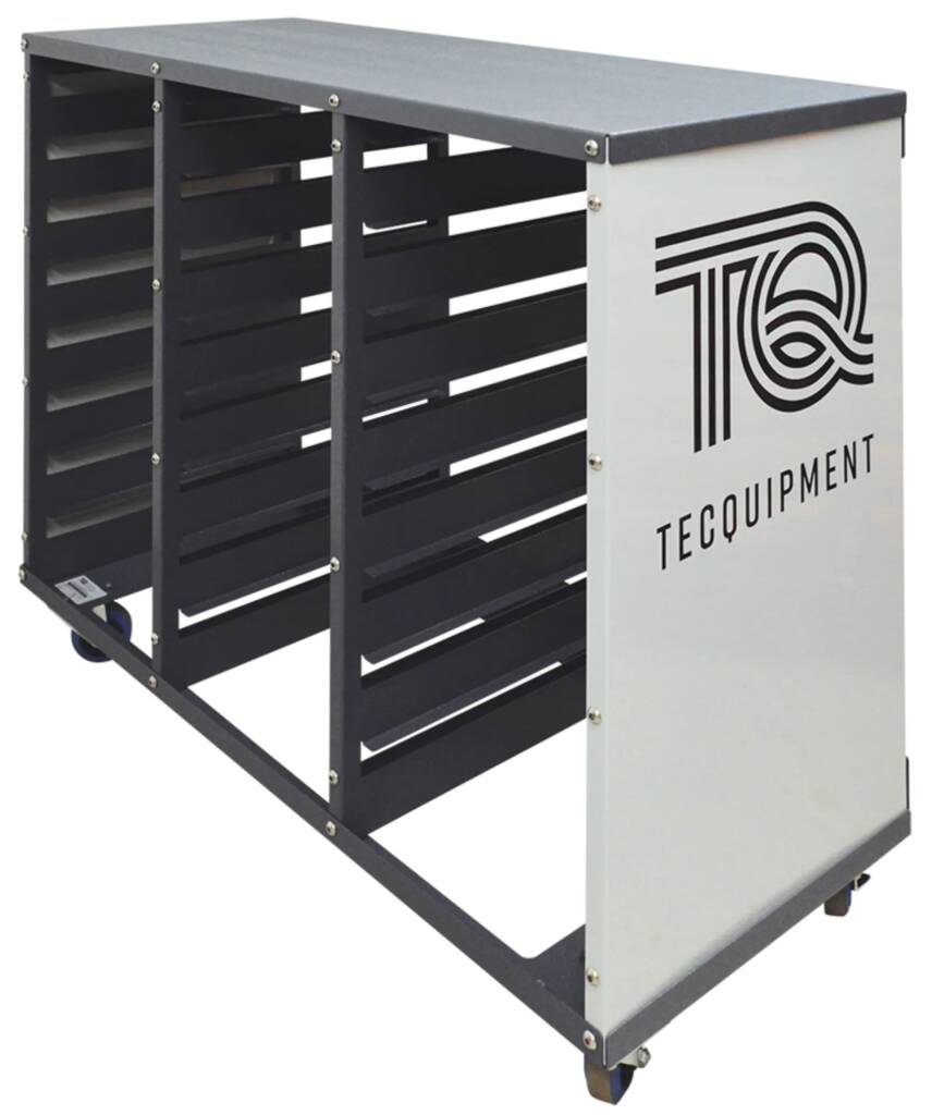 Metal rolling storage cart with black slatted sides and a gray top, featuring a white end panel with a large graphic and text (TEQ Equipment).