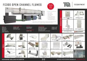 Infographic poster for FC300 Open Channel Flumes, showing a large research flume with accessories and a grid of components like gates, carriers, and sensors for education and engineering.