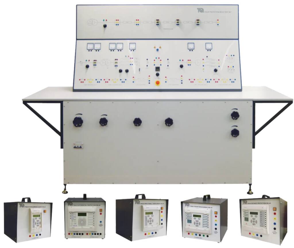 Industrial electrical training console with a two‑level control panel full of switches, indicators, and wiring, plus five protective relay test units displayed in front.
