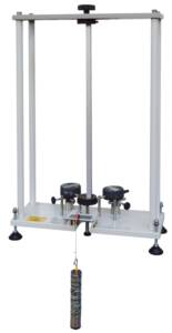 Vertical universal tensile testing machine with clamps and a hanging specimen for material strength tests