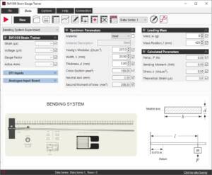Screenshot of SM1009 Strain Trainer UI with panels for Specimen Parameters, Bending System, and Loaded Mass (data entry and calculations).