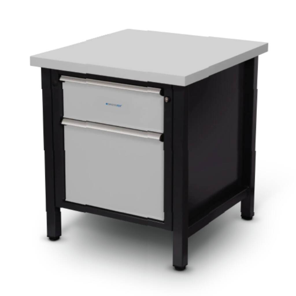 Black storage cabinet with a light gray top and three gray drawers on a black frame.