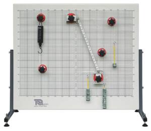 Panel for teaching statics with a grid-workboard, red adjustment knobs, hooks, levers, and coiled springs arranged for experiments