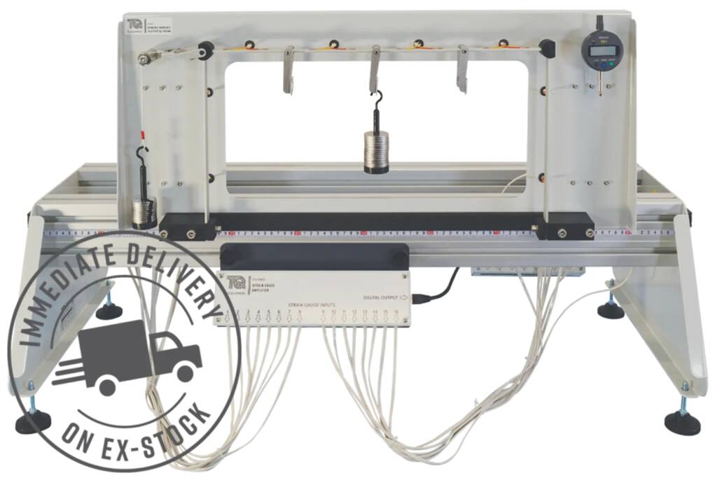 Laboratory tensile testing machine with a horizontal grip bar and multiple clamps, a hanging weight in the center, and a digital readout on the right.