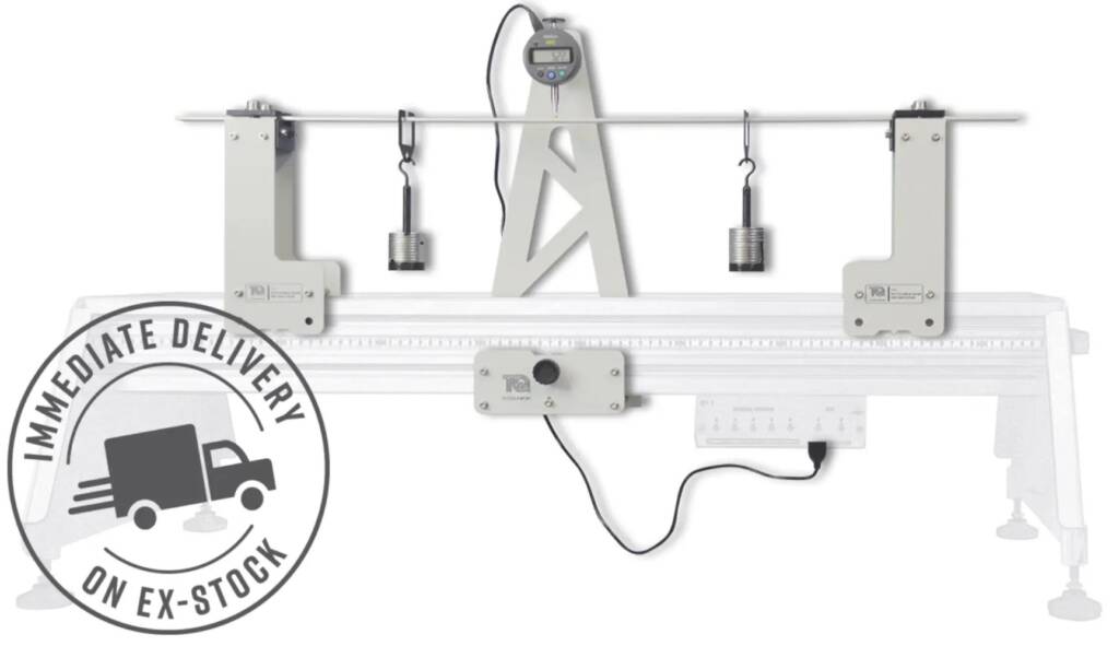 Industrial hanging scale with digital readout mounted on a metal beam and two load hooks
