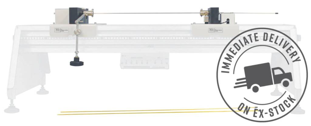 Long-arm quilting machine on a white frame with ruler bed and drive bar, watermark reading 'Immediate Delivery on Ex-Stock' partially covering the right side.