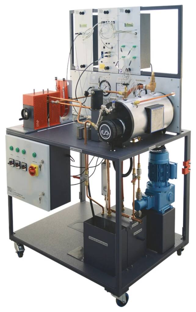 Laboratory steam boiler and pump system on a wheeled cart with control panel and copper tubing.