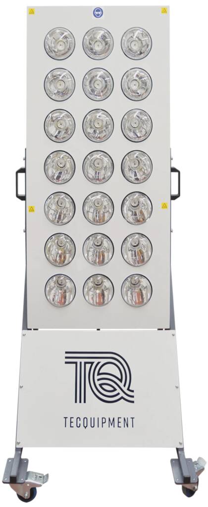 White portable LED floodlight panel with 16 round lights in a 4×4 grid on a wheeled stand, TEQ Equipment branding visible