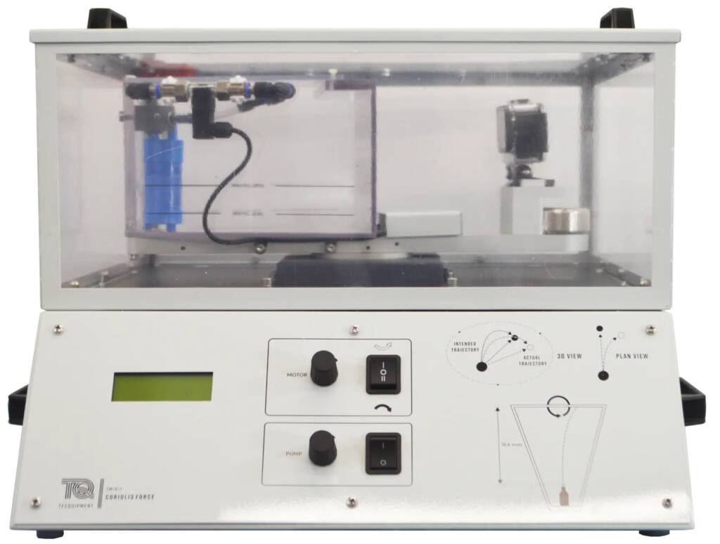 Laboratory instrument with a clear chamber and control panel featuring motors and switches