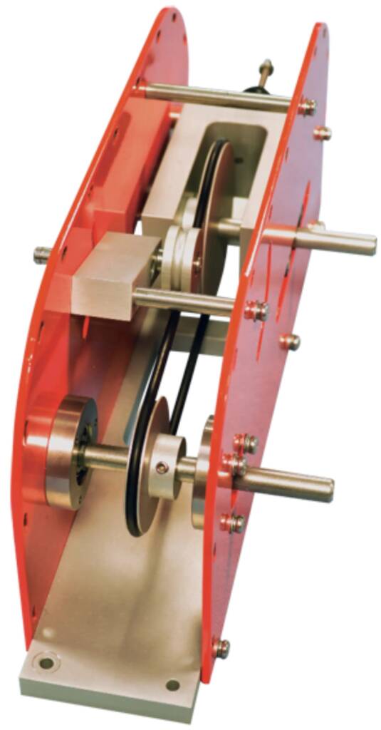 Red metal frame with dual shafts and belt-driven pulley assembly (mechanical drive).