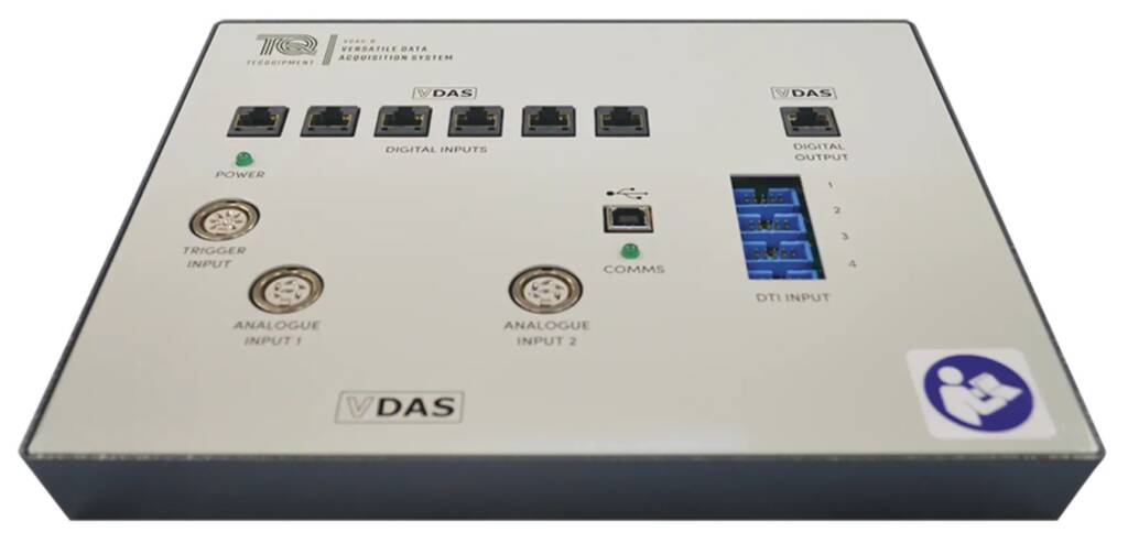 VDAS data acquisition box panel showing digital and analogue inputs, comms port, USB, and DTI input block are visible.