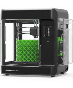 MakerBot Sketch 3D printer with front door open, displaying a lime-green lattice print inside the build chamber.