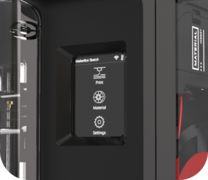 3D printer touchscreen showing Print, Material, and Settings options on MakerBot Sketch panel.
