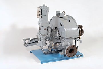 Industrial centrifugal pump mounted on a blue base with flanged inlet/outlet connections.